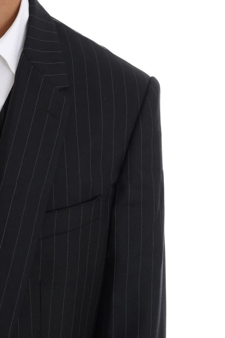 Black Striped Wool One Button 3 Piece Suit